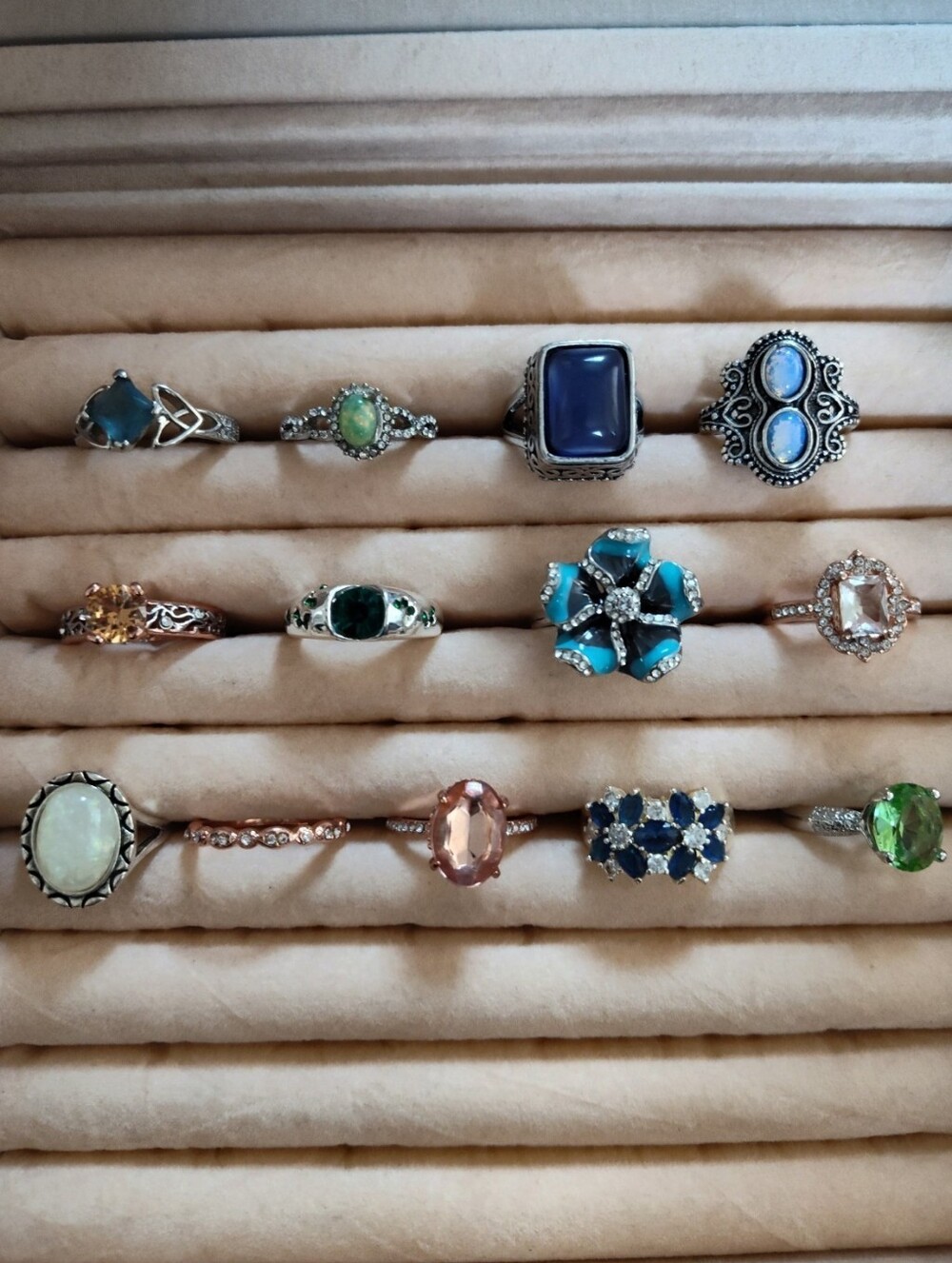 13 Piece Ring Lot Bundle #3 925 Opal Blue Green Rhinestone Statement Rings